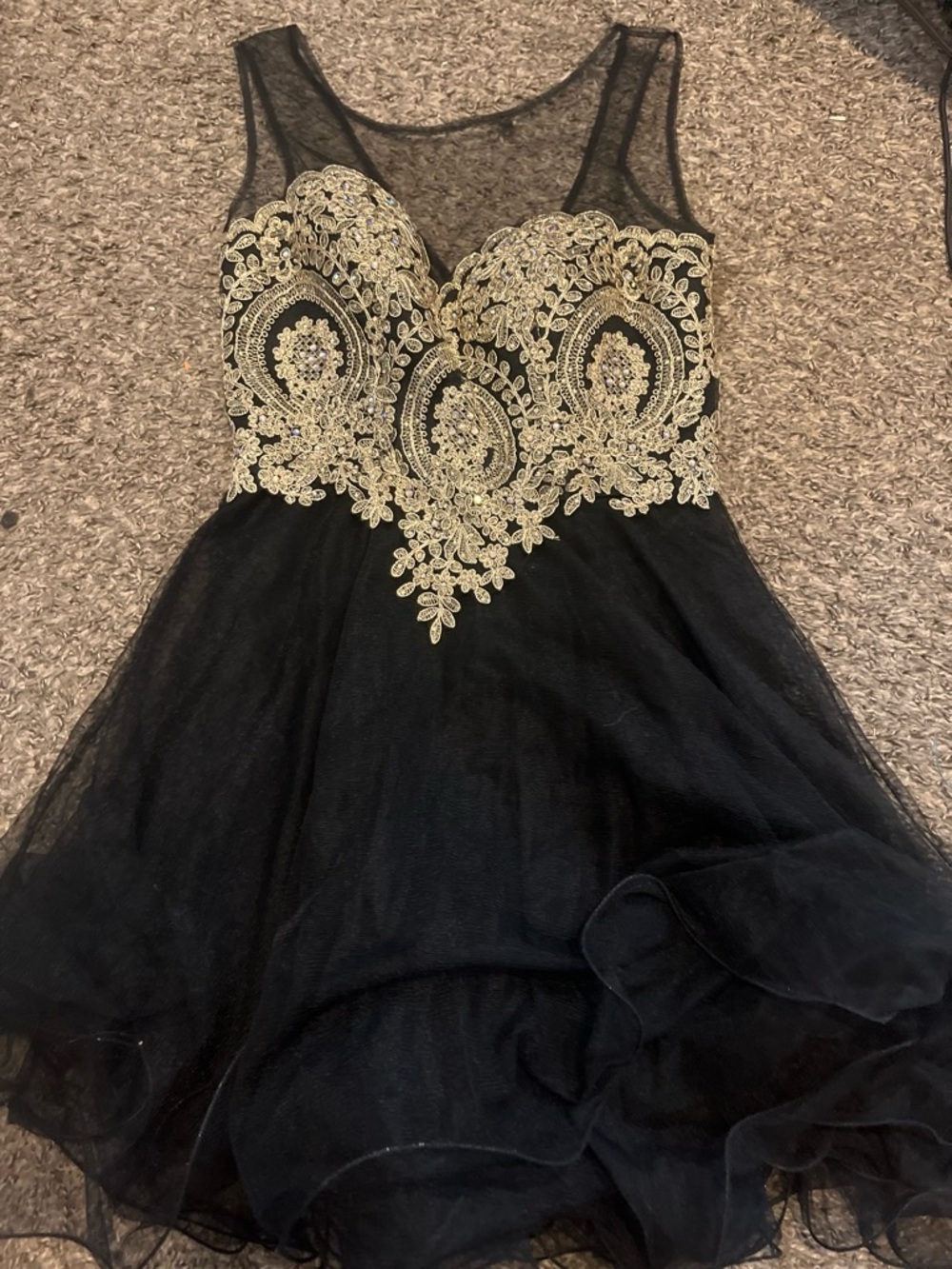 Black Mesh Dress with Gold Embroidered Bodice